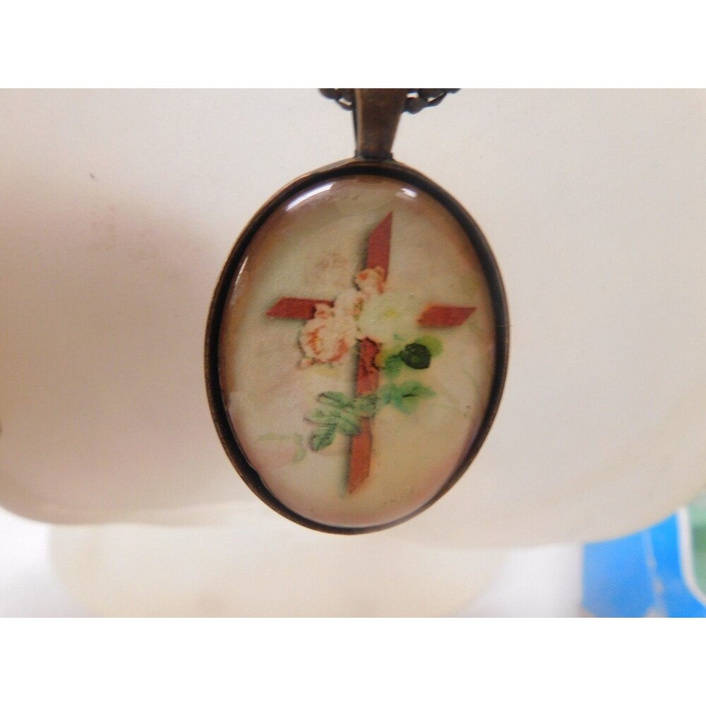 Vtg Cross w/ Floral Necklace Antique Cooper Look Cross Statement Fashion Costume